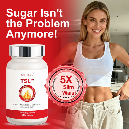 Nutrield TSL dietary supplement for metabolism and energy with smiling woman showing slim waist