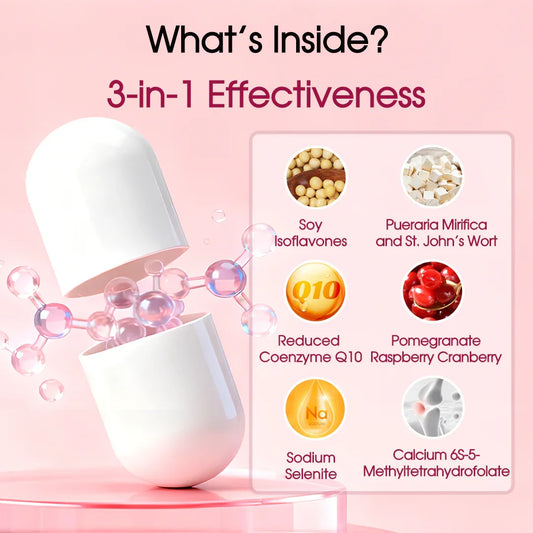 Open white capsule with molecular structure and ingredients list including Soy Isoflavones, Coenzyme Q10, Pueraria Mirifica, Pomegranate, and Calcium on pink background