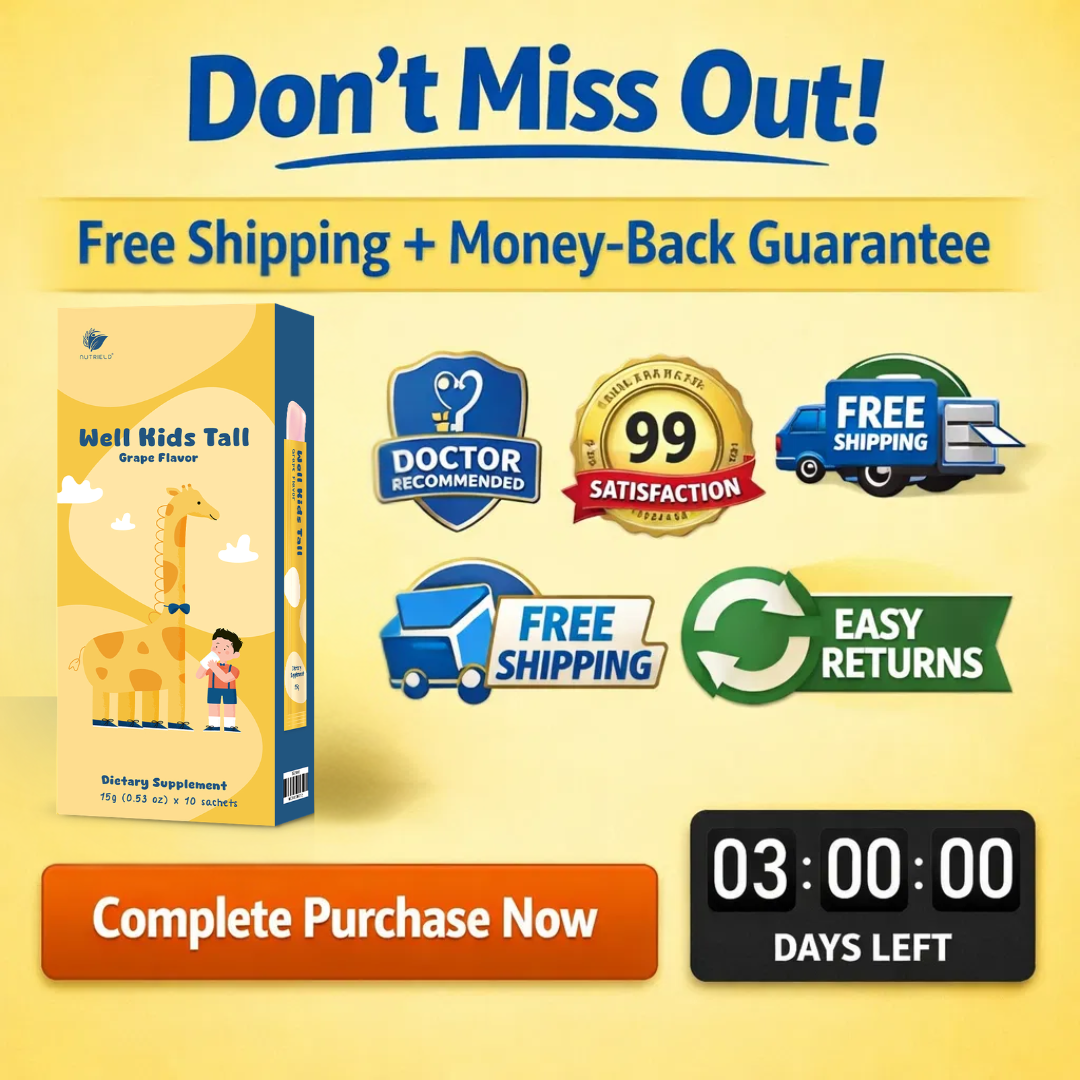 Well Kids Tall grape flavor supplement box with free shipping, doctor recommended, easy returns, and satisfaction guarantee promotions on a yellow background.