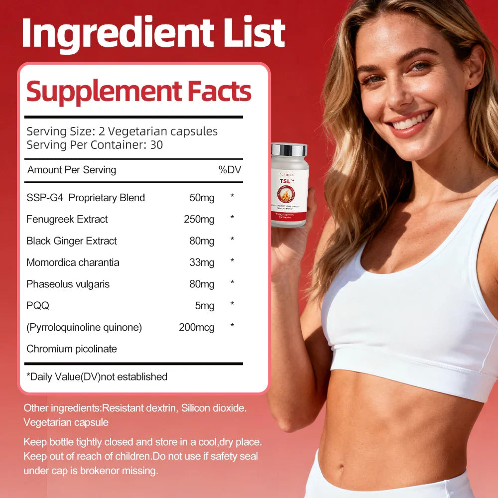 Smiling fit woman in white sportswear holding TSL supplement bottle with ingredient list and supplement facts