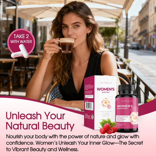 Woman drinking coffee at cafe with Nutrield Women's Whole Body supplement and natural beauty text