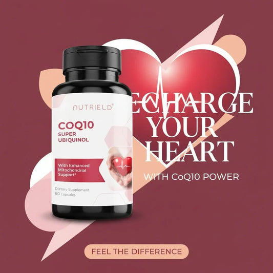 CoQ10 super ubiquinol supplement bottle for heart health with heart graphic background