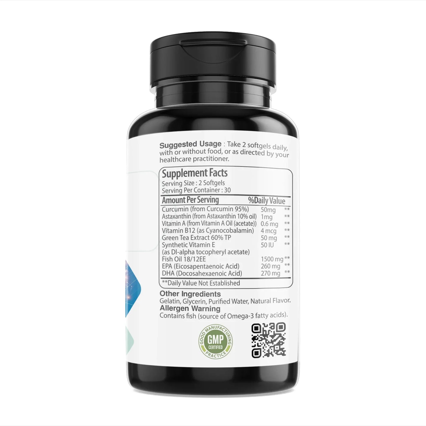Supplement bottle label showing DHA omega-3, curcumin, green tea extract, vitamin B12, fish oil facts