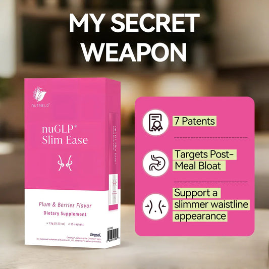 Pink nuGLP Slim Ease plum and berries dietary supplement box on kitchen counter with key benefits highlighted.
