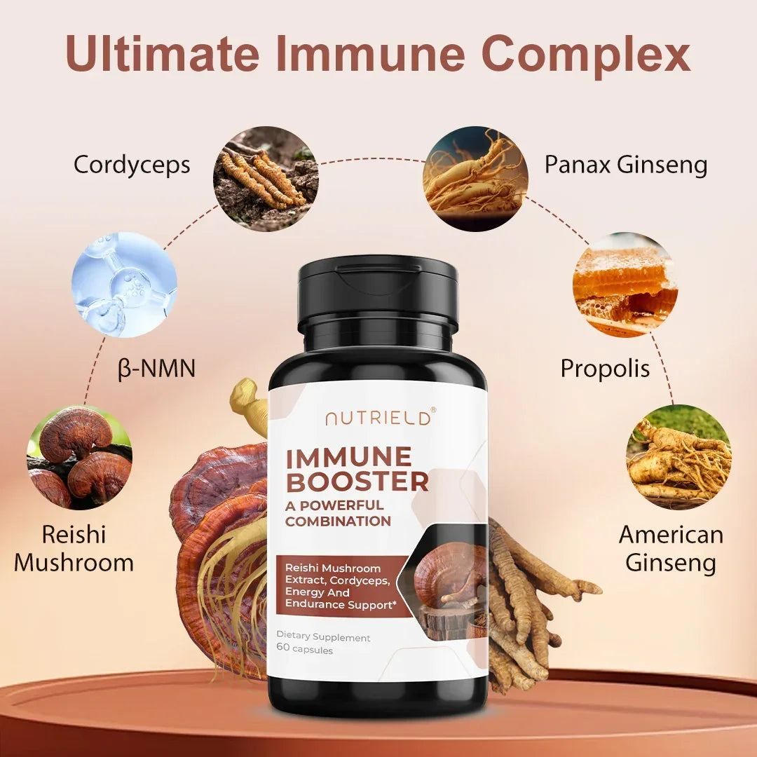 Immune booster supplement bottle with reishi mushroom, cordyceps, ginseng, β-NMN, and propolis ingredients.