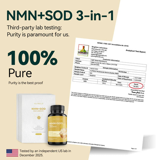 NMN SOD 3-in-1 supplement bottle, lab test report, and purity certification prominently displayed