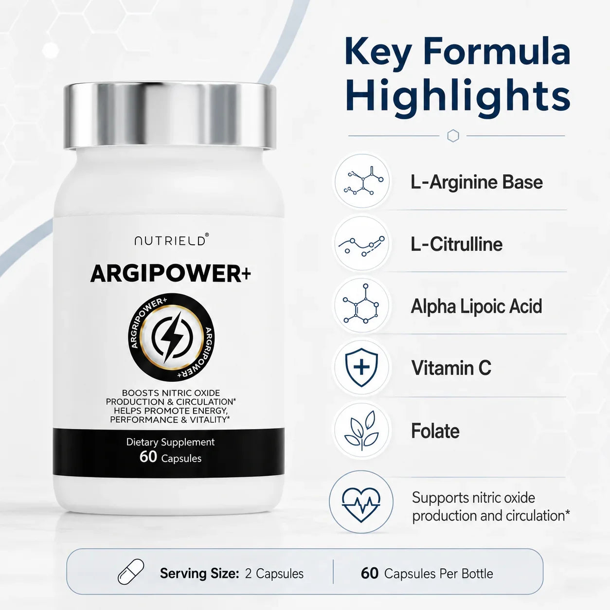 ArgiPower+ dietary supplement bottle with key formula highlights including L-Arginine, Vitamin C, and nitric oxide support