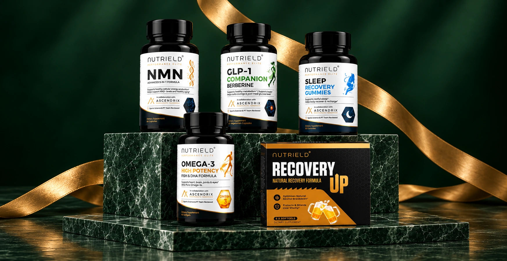 nuTRIELD NMN, GLP-1 Companion, Sleep Recovery, Omega-3 and Recovery UP on green marble with a gold ribbon
