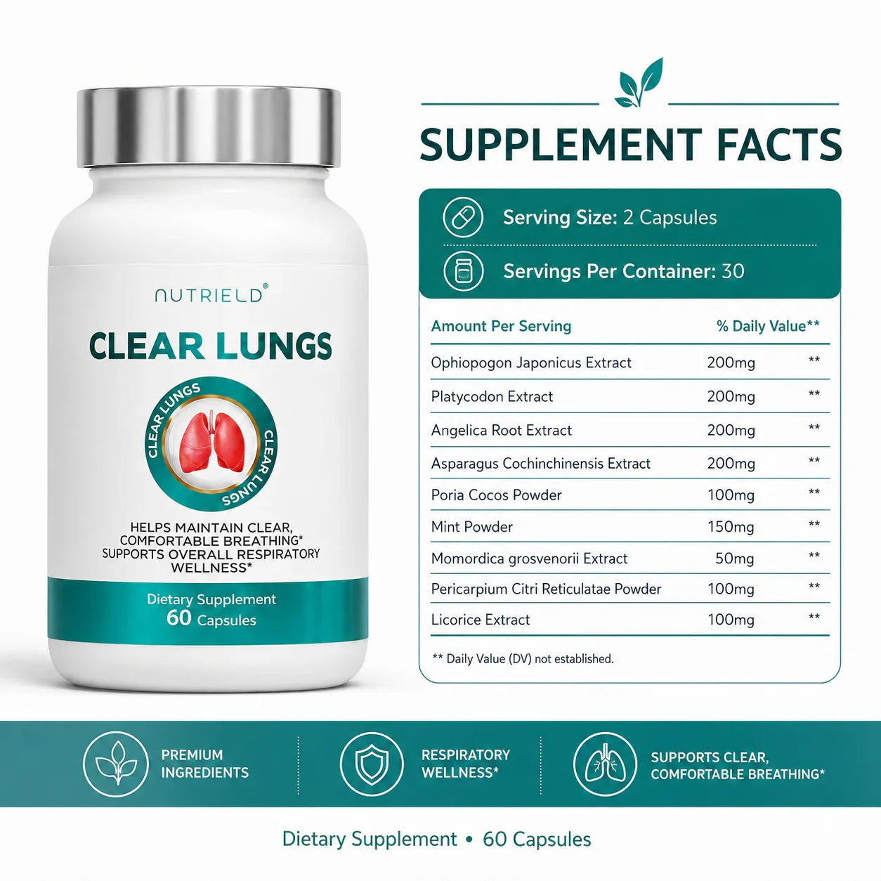 Clear Lungs dietary supplement bottle with 60 capsules and supplement facts label for respiratory wellness support