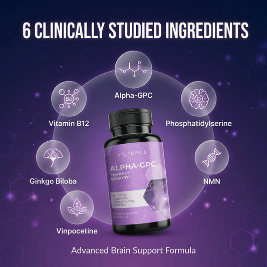 Alpha-GPC brain support supplement bottle with 6 clinically studied ingredients: Vitamin B12, Ginkgo Biloba, Vinpocetine, Alpha-GPC, Phosphatidylserine, NMN.