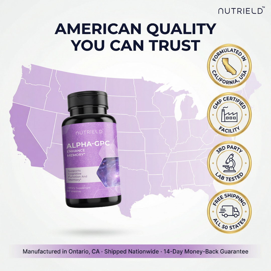 Alpha-GPC supplement bottle with quality assurance badges on US map background