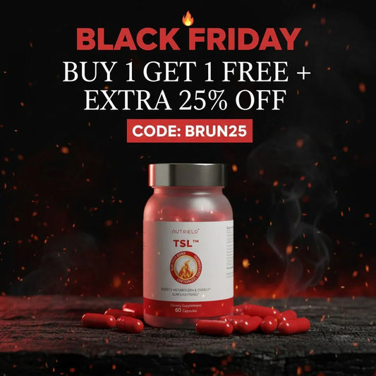 TSL dietary supplement bottle with red capsules, Black Friday sale, code BRUN25, fiery background