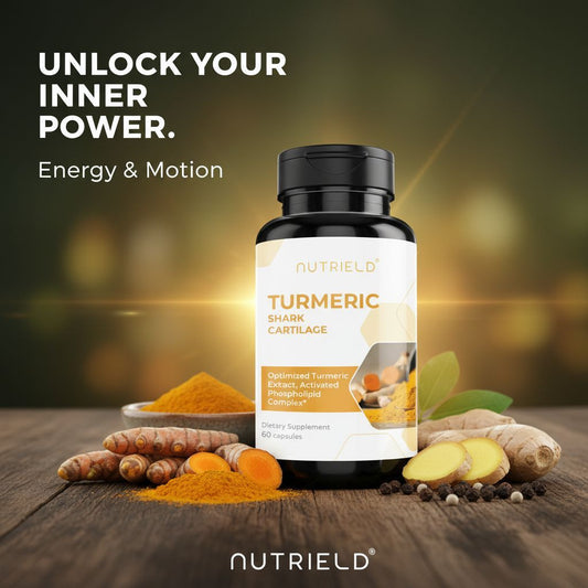 Nutrield turmeric shark cartilage supplement bottle with turmeric roots, powder, ginger, and peppercorns on wooden surface