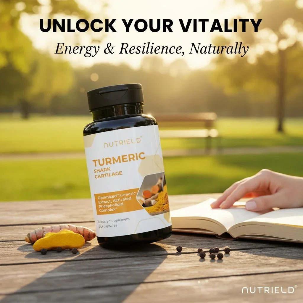 Turmeric shark cartilage supplement bottle on outdoor table with turmeric root, book, and hand nearby.
