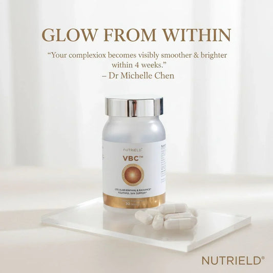 VBC supplement bottle with capsules, promoting youthful skin and cellular renewal support.