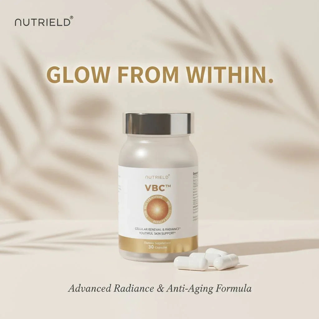 Nutrield VBC dietary supplement bottle with capsules, promoting glow, radiance, and anti-aging skin support