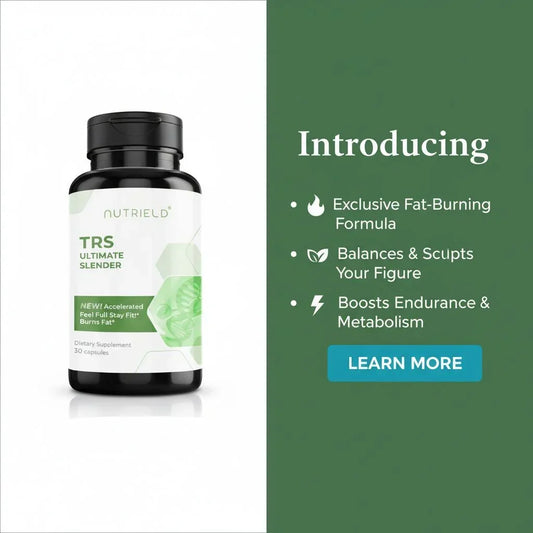 TRS Ultimate Slender dietary supplement bottle with benefits for fat burning, metabolism, and energy.