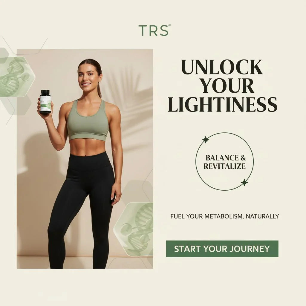 Fit woman in workout clothes holding TRS supplement bottle promoting metabolism and wellness