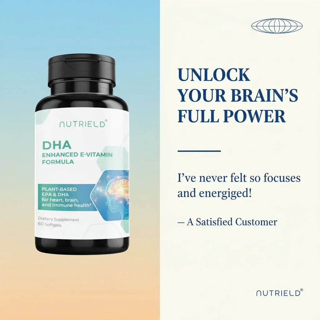 Plant-based DHA supplement bottle for brain and immune health with energizing testimonial quote.