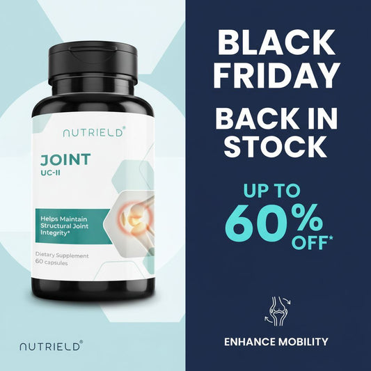 Nutrield Joint UC-II dietary supplement bottle with Black Friday sale up to 60% off to enhance mobility