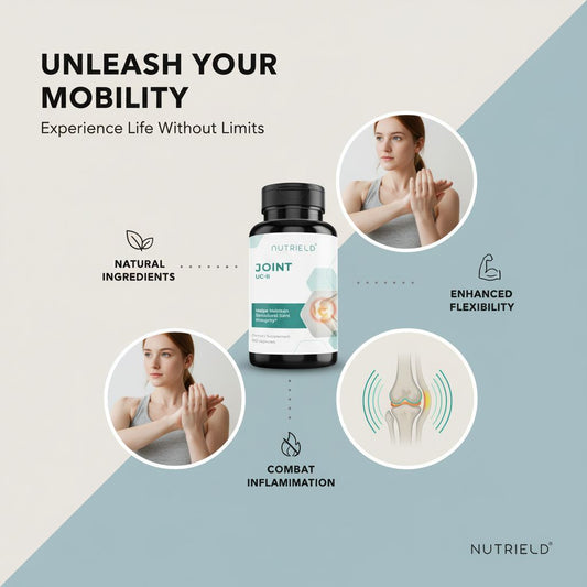 Nutriield Joint supplement bottle with benefits natural ingredients, enhanced flexibility, combat inflammation, images of woman stretching