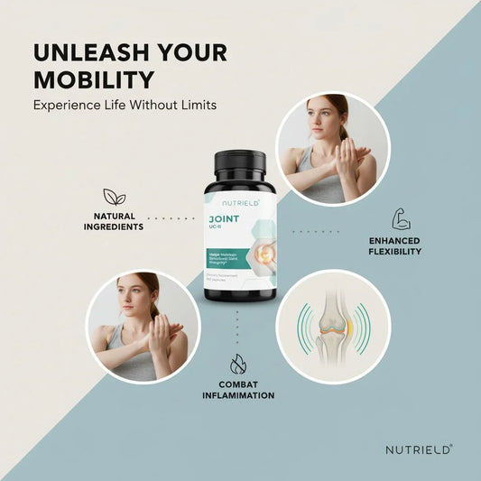 Nutriield Joint supplement bottle with benefits natural ingredients, enhanced flexibility, combat inflammation, images of woman stretching
