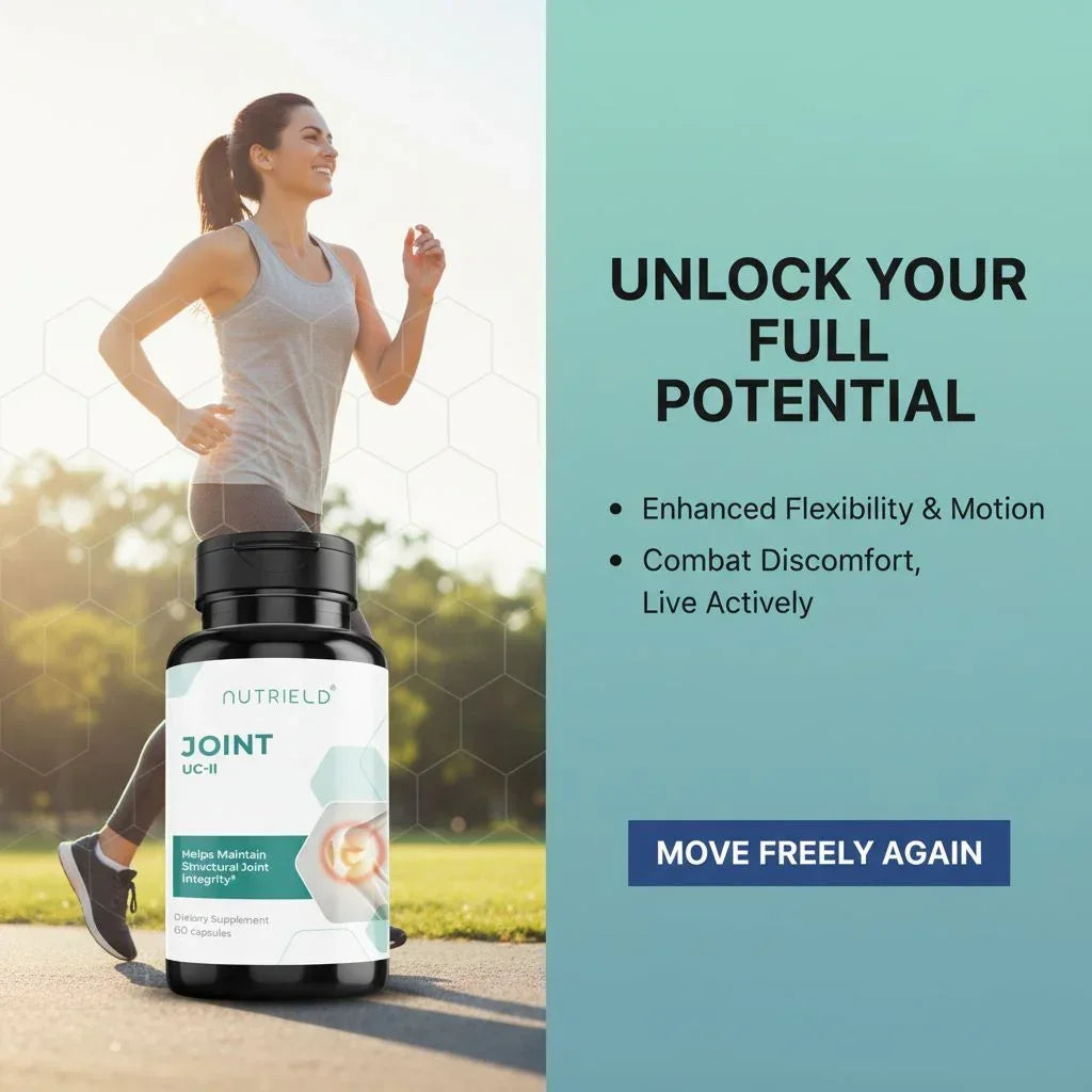 Woman jogging outdoors beside Nutrield Joint UC-II supplement bottle promoting joint support and flexibility