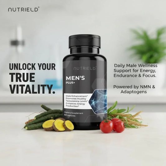 Men's wellness supplement bottle with herbs, cherry tomatoes, and energy support text.