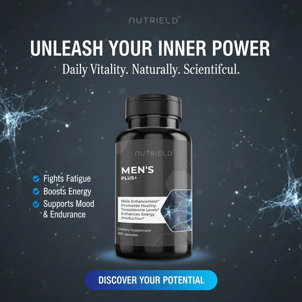 NutriELD Men's Plus dietary supplement bottle with benefits to fight fatigue, boost energy, support mood and endurance