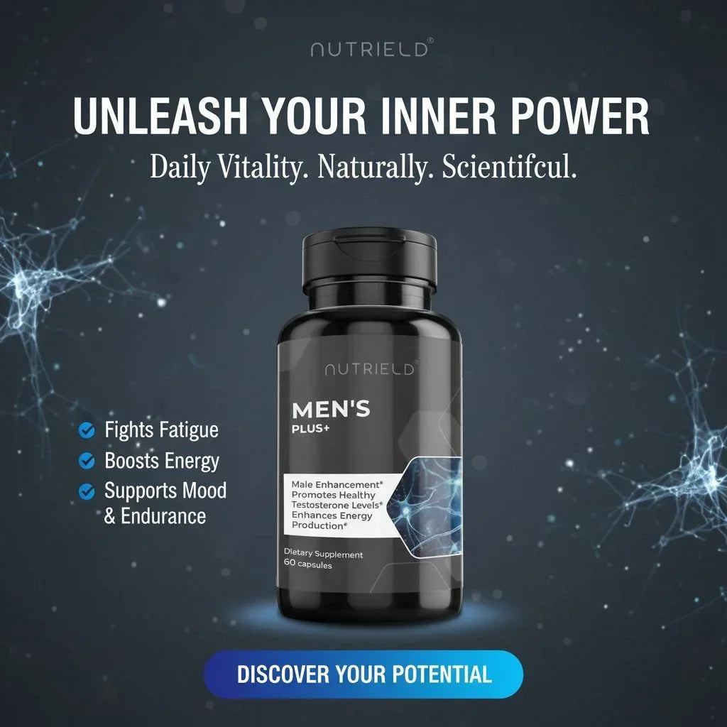 Men's Plus+ dietary supplement bottle for energy, vitality, and mood support on dark background