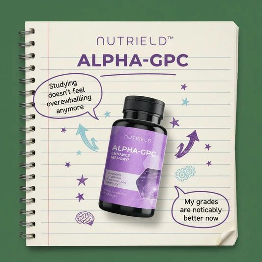 Nutrield Alpha-GPC memory supplement bottle on notebook with study-related doodles and positive testimonials