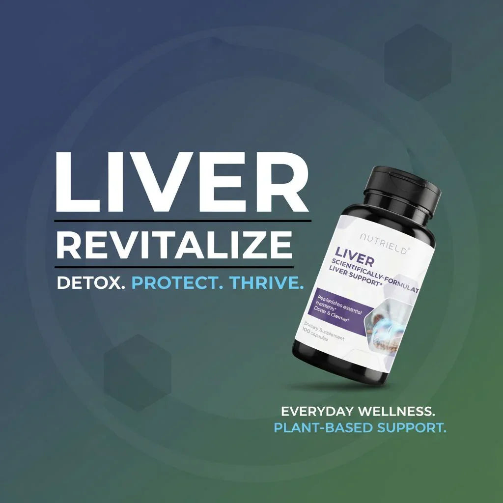 Nutriield liver supplement bottle with text Liver Revitalize Detox Protect Thrive plant-based support