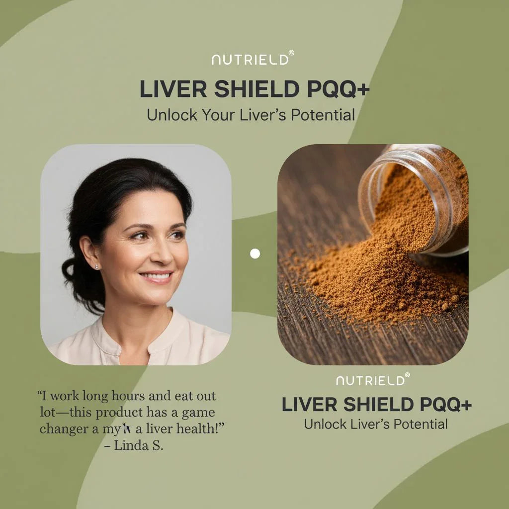 NutriELD Liver Shield PQQ+ supplement with testimonial and image of brown powder spilled from jar
