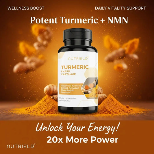 Turmeric supplement bottle with shark cartilage, surrounded by turmeric powder and roots, wellness and vitality support