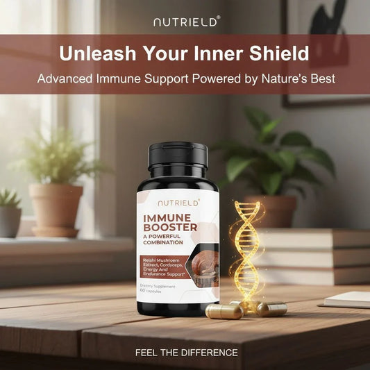 Immune booster supplement bottle with capsules and glowing DNA helix in a home setting