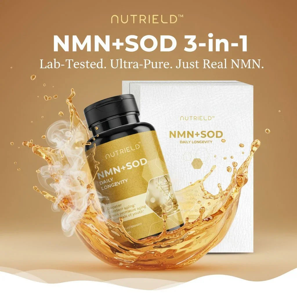 NMN+SOD daily longevity supplement bottle and box with golden splash, energy support product.