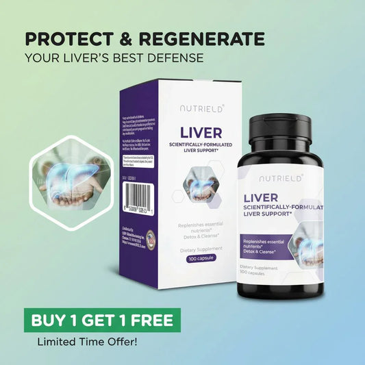 Liver support supplement bottle and box with buy one get one free offer, promotes liver health and detox.