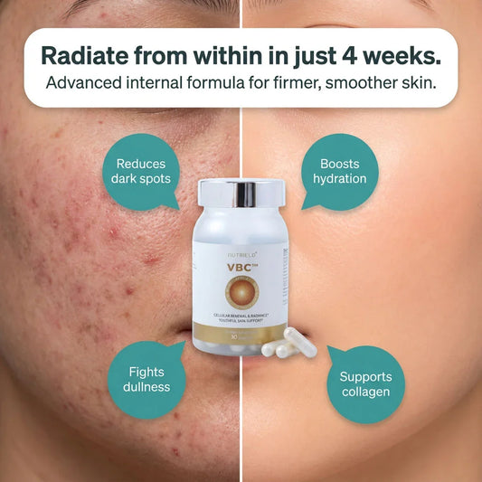 Skin supplement before and after results, improved hydration, reduced spots, and smoother skin.