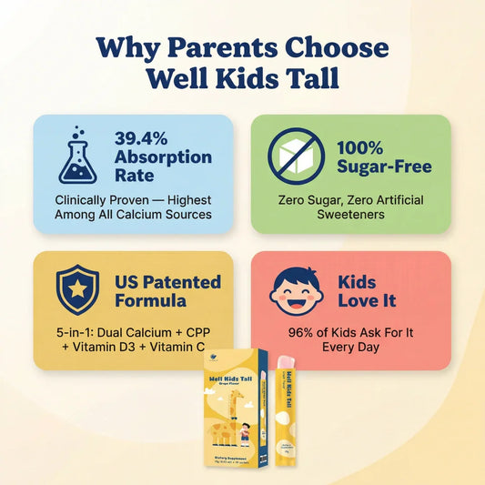 Infographic listing Well Kids Tall supplement benefits: 39.4% absorption, sugar-free, patented formula, kid-approved.