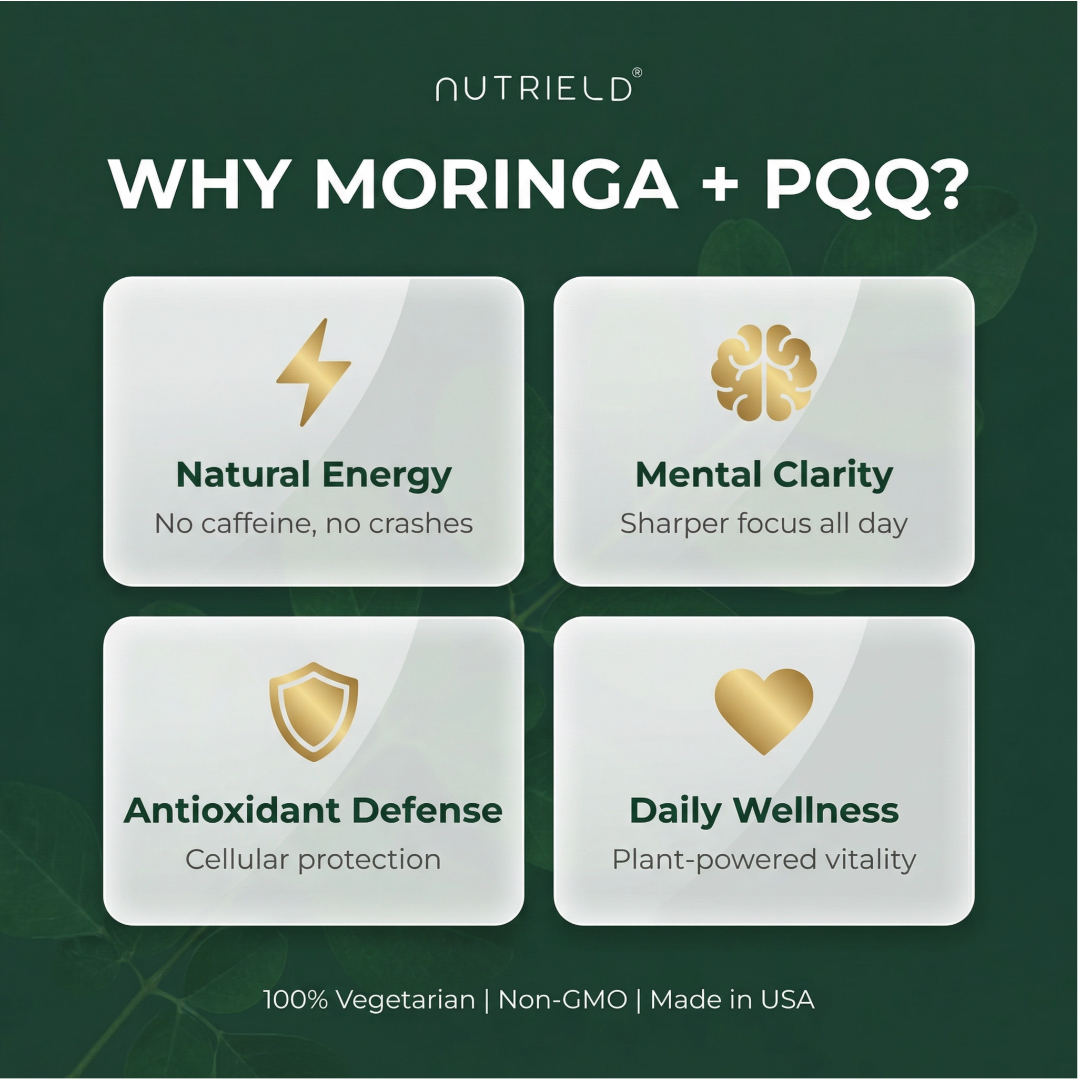 Moringa and PQQ supplement benefits infographic: natural energy, mental clarity, antioxidant defense, daily wellness.