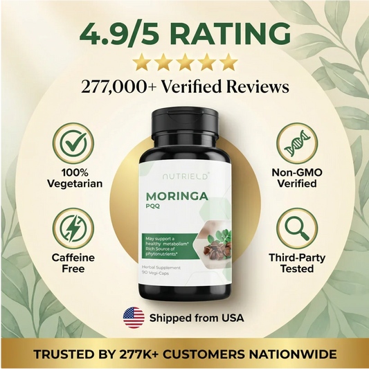 Moringa PQQ supplement bottle with 4.9/5 rating, 100% vegetarian, non-GMO, caffeine free, shipped from USA.