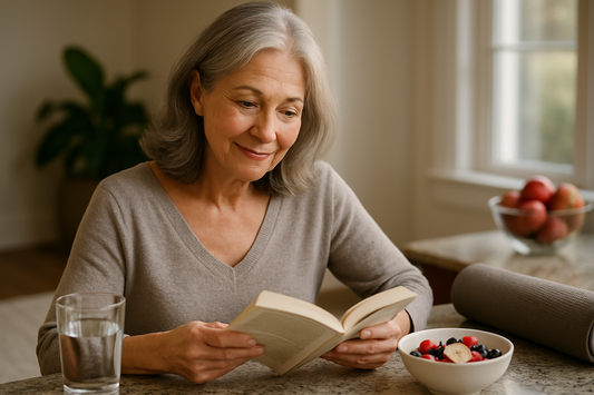 Smiling mature woman reading book at table with fruit bowl and water, promoting healthy lifestyle