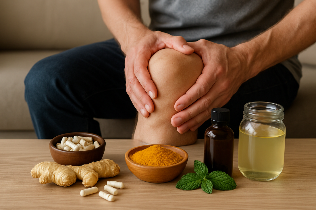 Man holding knee with natural joint health remedies, ginger, turmeric, capsules, oil, and mint on table