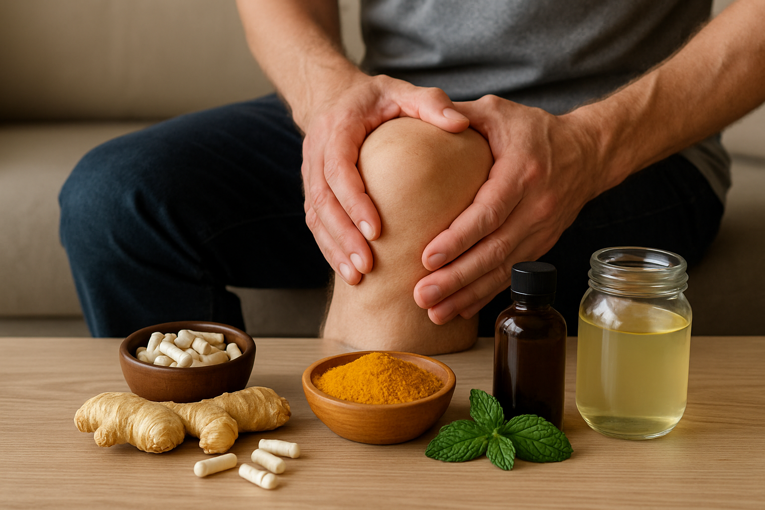 Man holding knee with natural joint health remedies, ginger, turmeric, capsules, oil, and mint on table