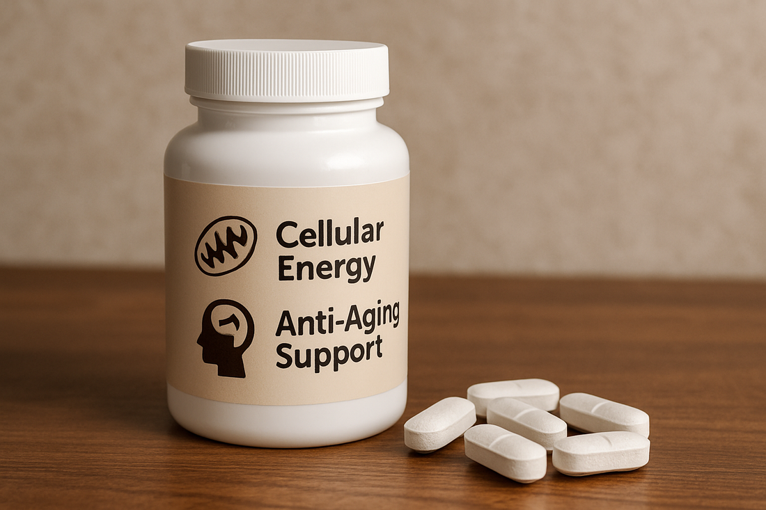 Supplement bottle labeled Cellular Energy and Anti-Aging Support with tablets on wood table