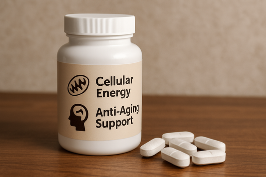 Supplement bottle labeled Cellular Energy and Anti-Aging Support with tablets on wood table