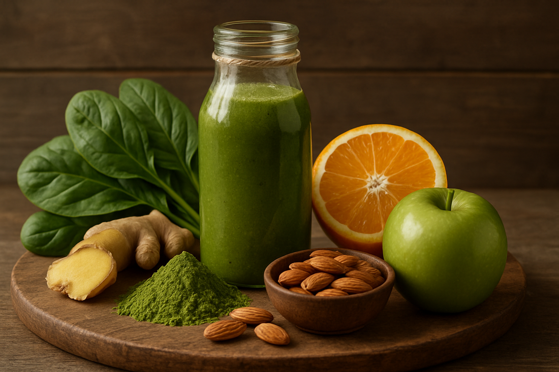 Plant-based energy smoothie with spinach, orange, green apple, almonds, ginger, and matcha powder