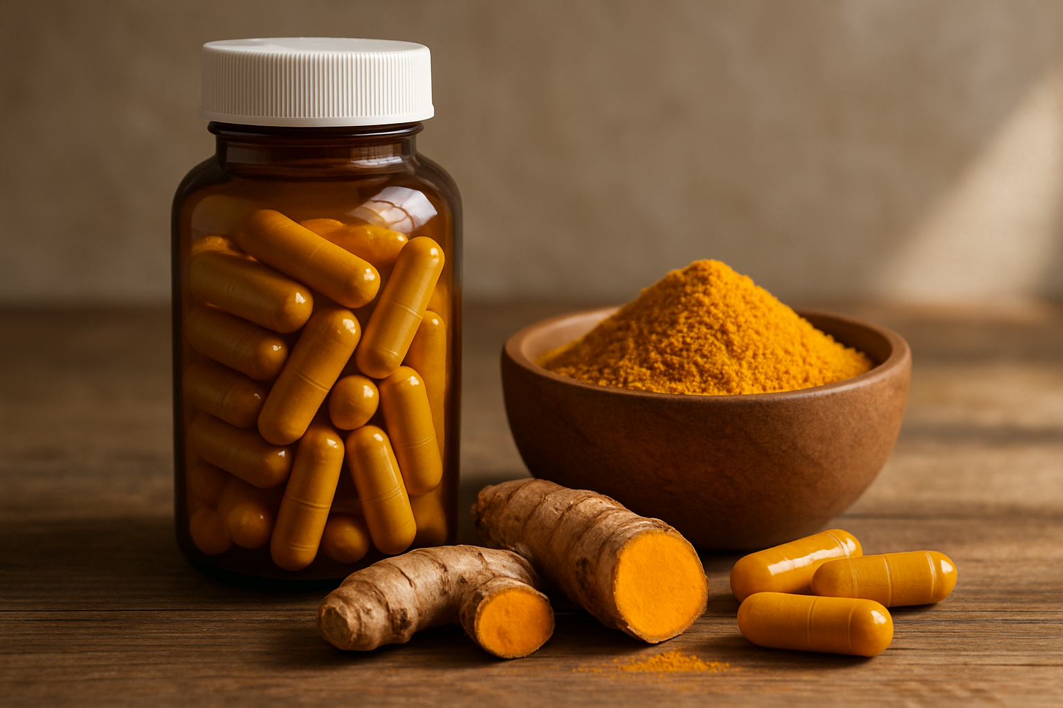 Turmeric capsules in a bottle, turmeric powder in a bowl, and fresh turmeric root on a wooden table.