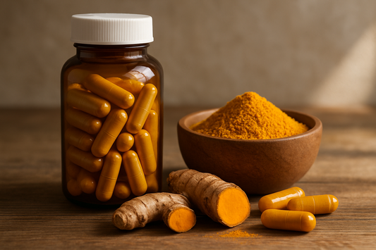 Turmeric capsules in a bottle, turmeric powder in a bowl, and fresh turmeric root on a wooden table.