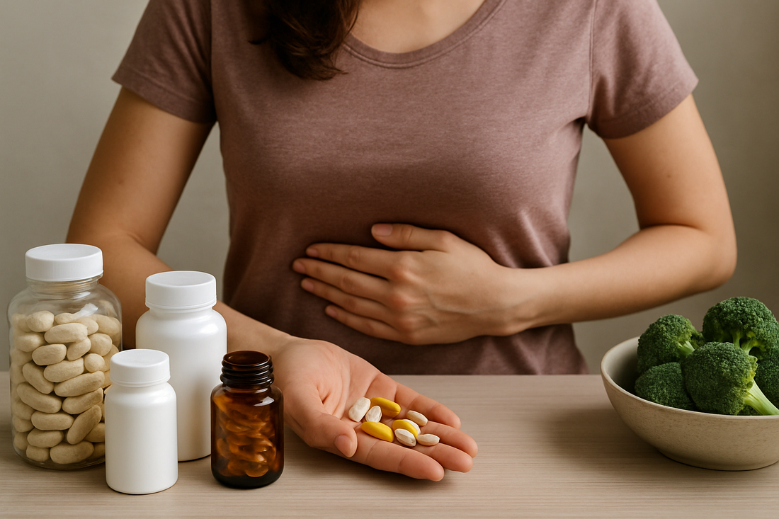 Woman holding supplements, jars, and bowl of broccoli for wellness and hormonal balance